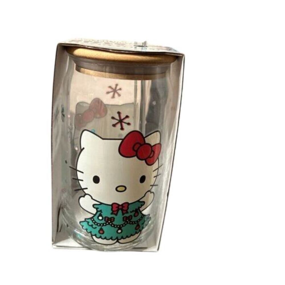 Hello Kitty christmas glass tumbler with bamboo‎ lid 16oz